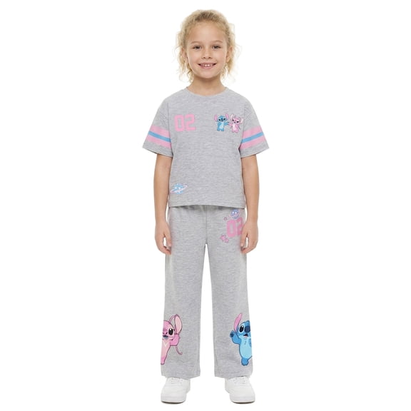 Stitch & Angel Girls' Athletic Front & Back T-shirt with Embroidery & Straight Leg Fleece Pants, 2-Piece, Sizes 4-16
