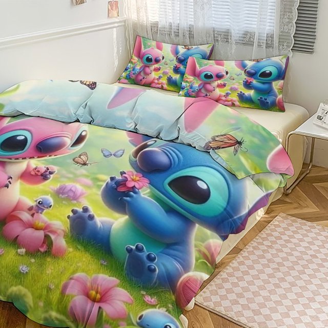 Stitch Anime Cartoon Duvet Cover Queen, 3 Pieces Bed Set Cute Bedding