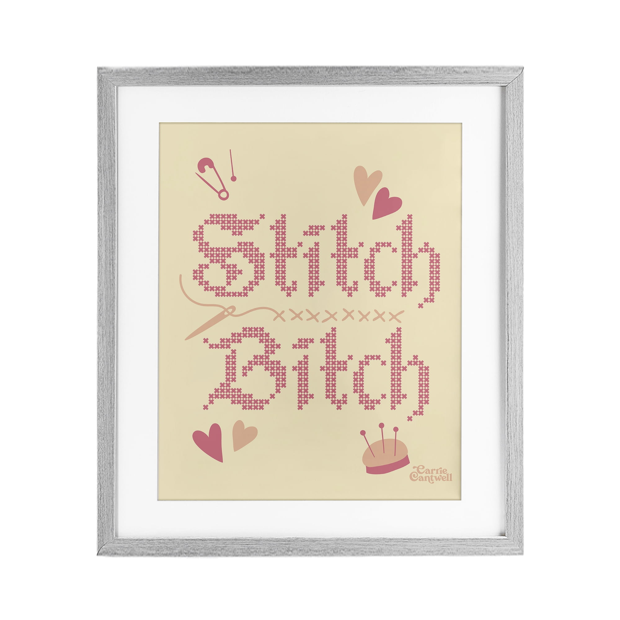 Stitch B*tch Embroidery Craft Gray Framed Print Under Glass, design by Carrie Cantwell
