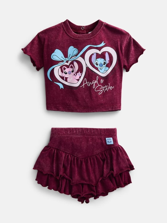 Disney Stitch Baby Girls Mineral Wash Graphic Tee and Skort Set, 2-Piece, Sizes 0/3M-6/9M