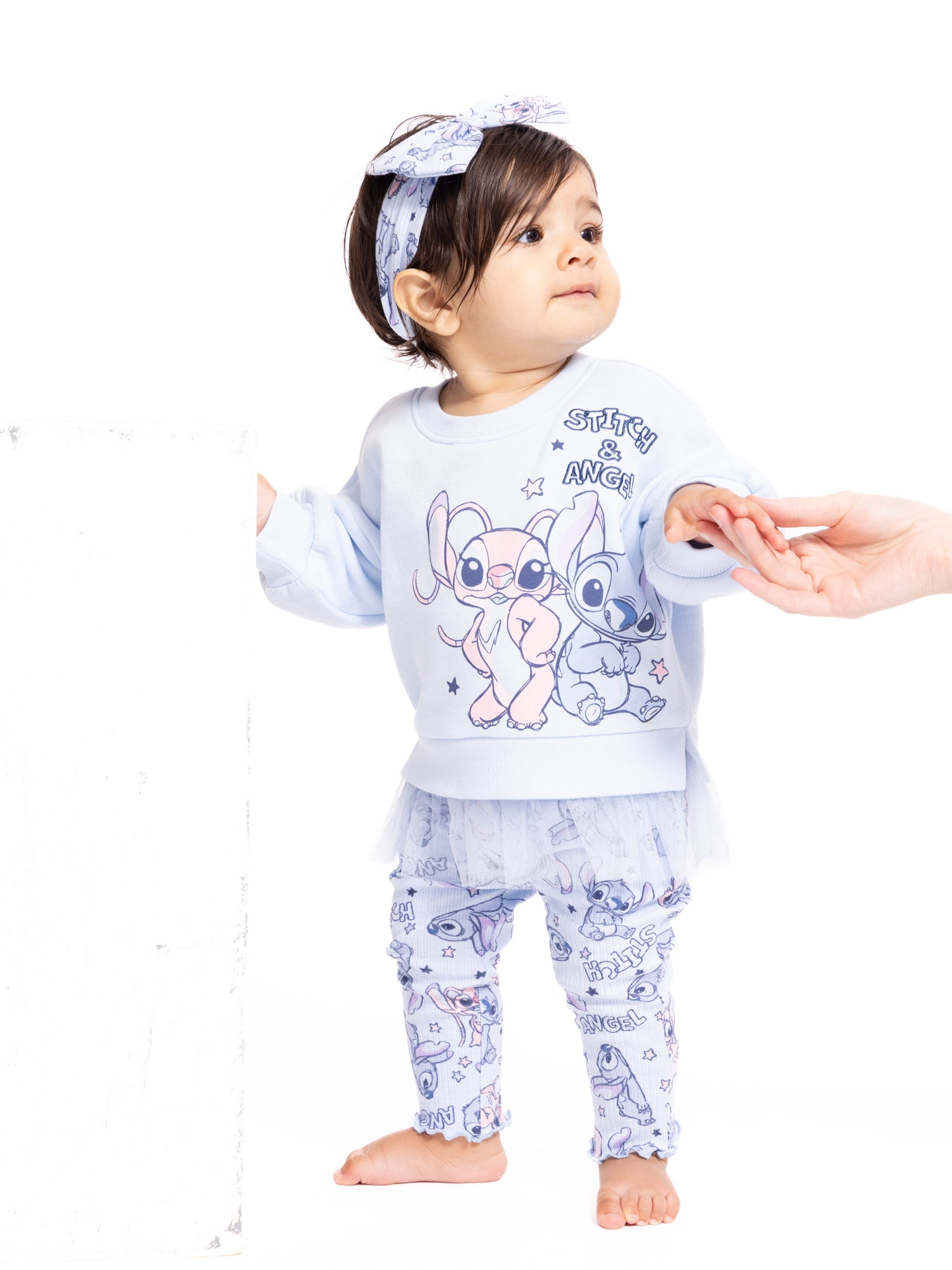 Stitch Baby Girls Graphic Tulle Sweatshirt and Printed Leggings with Bow Headband Set, 3-Piece, Sizes 0/3M-24M