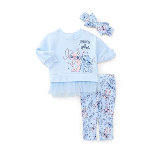 Stitch Baby Girls Graphic Tulle Sweatshirt and Printed Leggings with Bow Headband Set, 3-Piece, Sizes 0/3M-24M