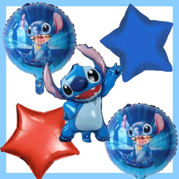 Stitch Balloon Bouquet - 5 Pieces! 32" Stitch Mylar, Rounds & Stars - Perfect Party Decor!