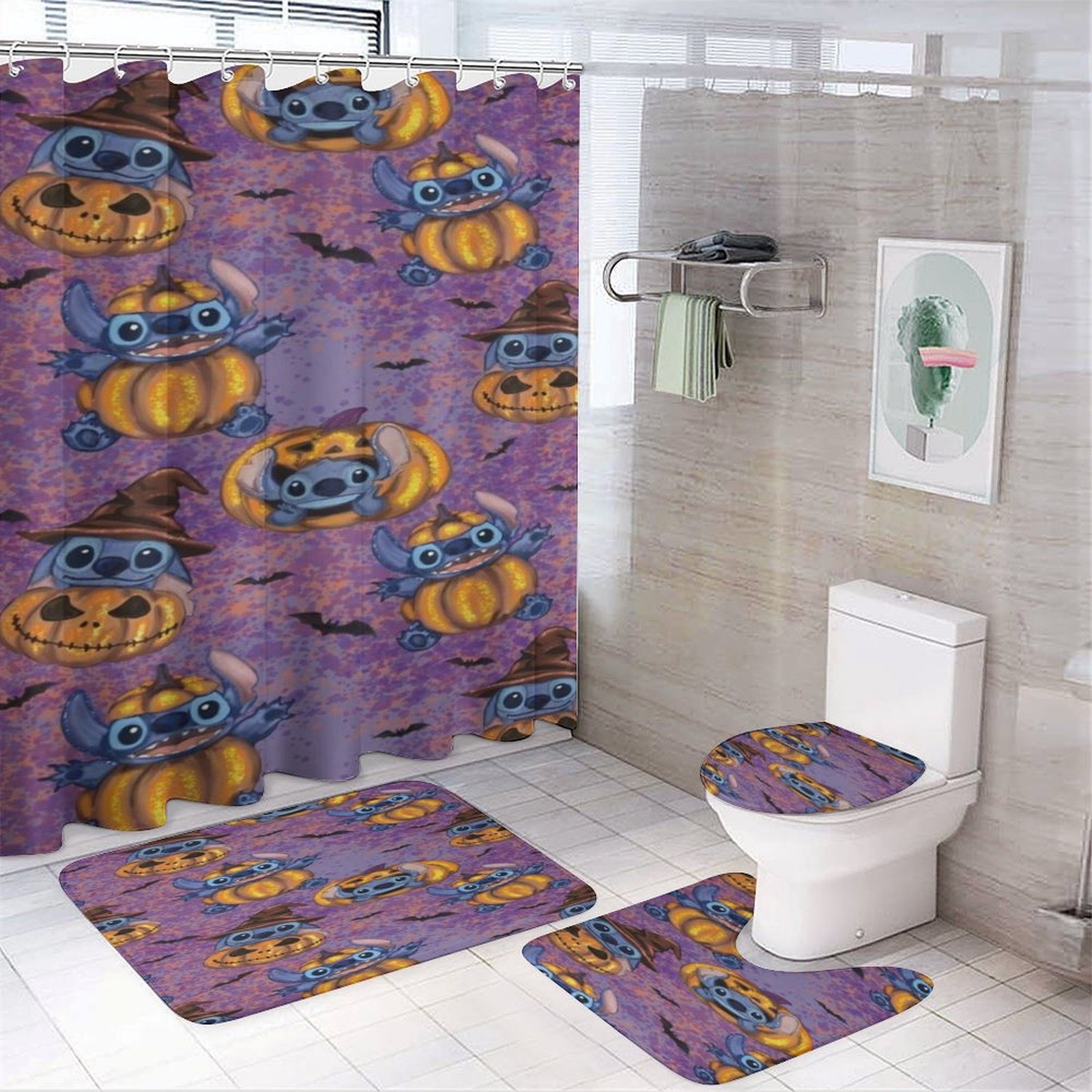 Stitch Bathroom Set with Shower Curtain with Non-Slip Rugs, Toilet Lid ...