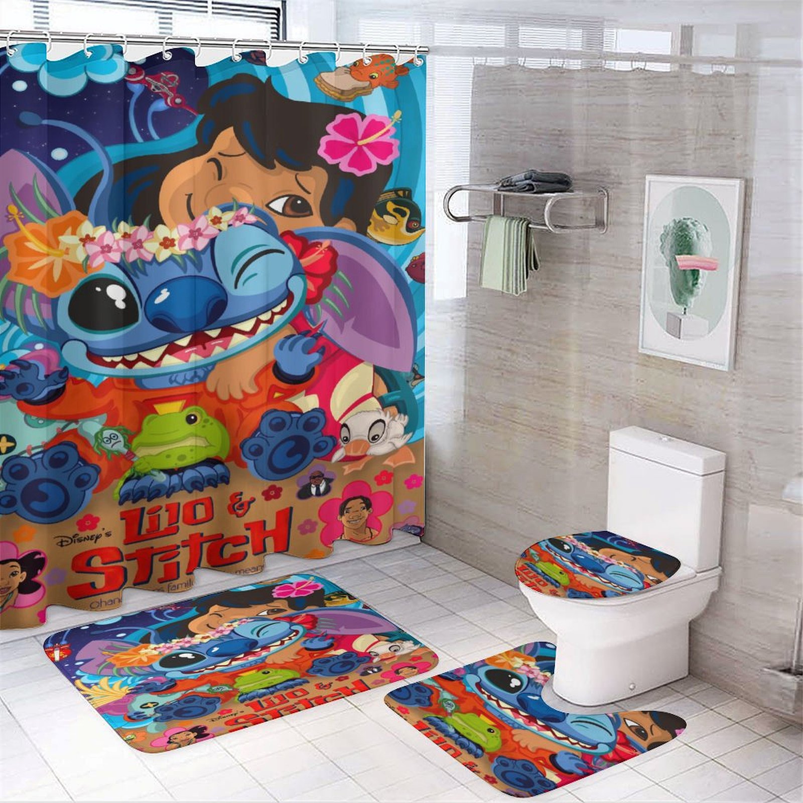Stitch Bathroom Set with Shower Curtain with Non-Slip Rugs, Toilet Lid ...