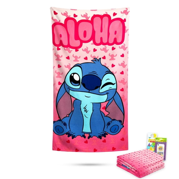 Stitch Beach Towel Set - Bundle with 27" x 54" Disney Microfiber Pool Towel Plus Stickers, More | Lilo and Stitch Beach Towel for Kids, Adults