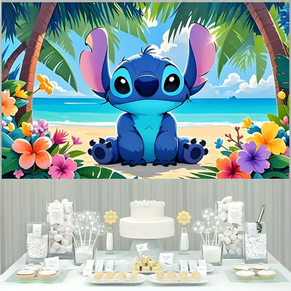 Stitch Birthday Banner - Vibrant Polyester Backdrop with Tropical Beach Scene, Perfect for Party Decorations, Photo Shoots, and Holiday Celebrations, Beach Theme Decor