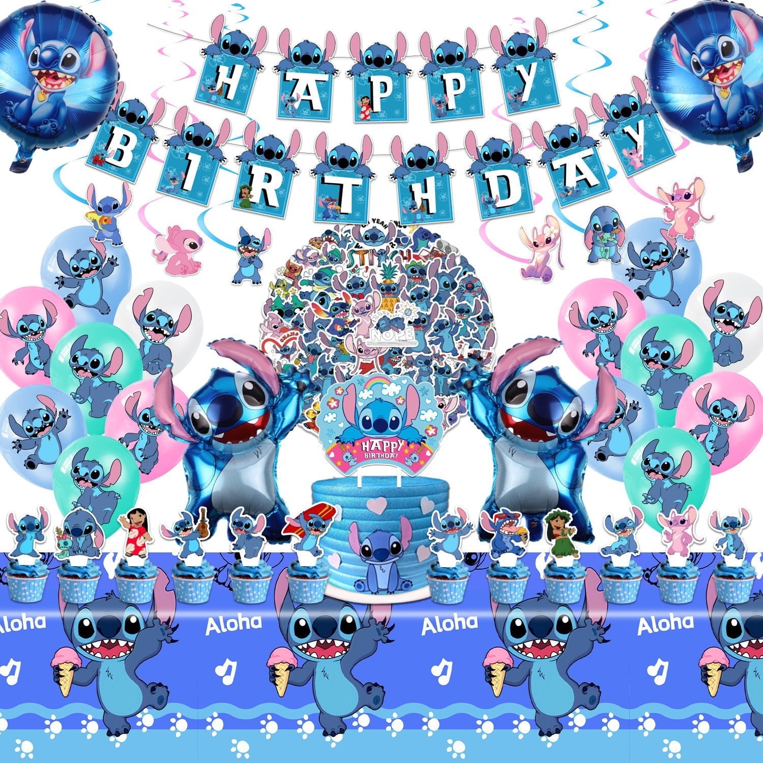 Stitch Birthday Decorations,Gender Reveal Party Supplies Include Happy Birthday Banner, Cake Topper and Cupcake Toppers, Balloons for Kids Party Dcor