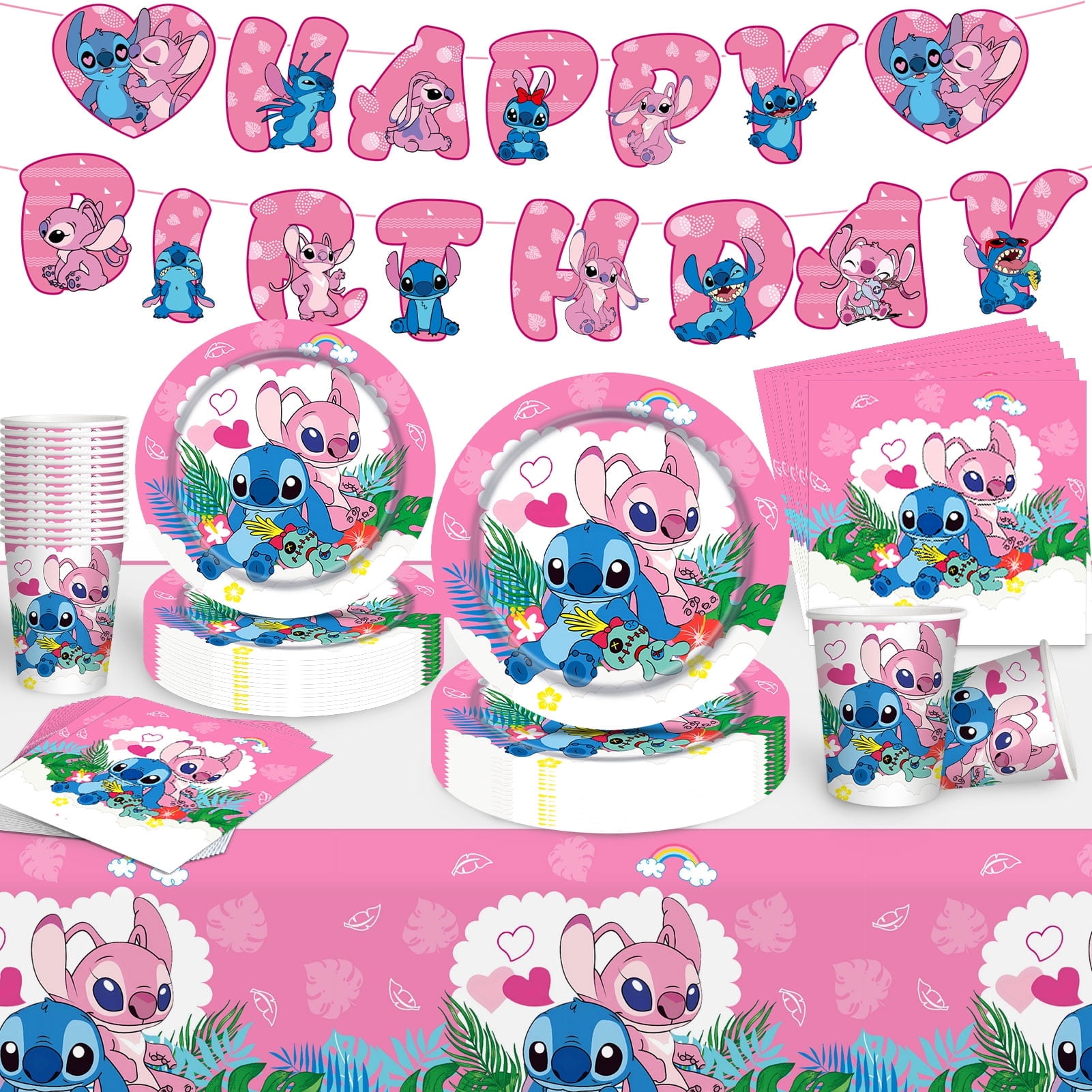 Forfamy Stitch Birthday Party Decorations, 82Pcs Stitch Plates and Napkins Party Supplies for Serves 20, Includes Plates Napkin Cup Tablecloth Banner, for Baby Shower Birthday Party
