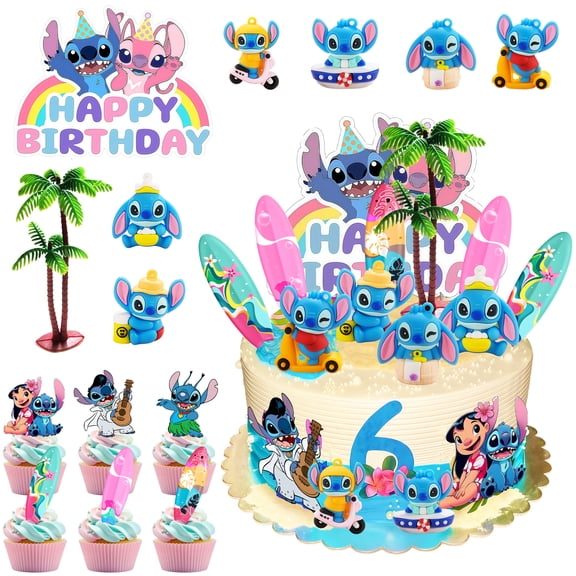 Stitch Cake Decoration, Stitch Cake Topper Set - Stitch 3D Decorations & Stitch Green plants etc Stitch Party Cake Toppers for Stitch Birthday Party