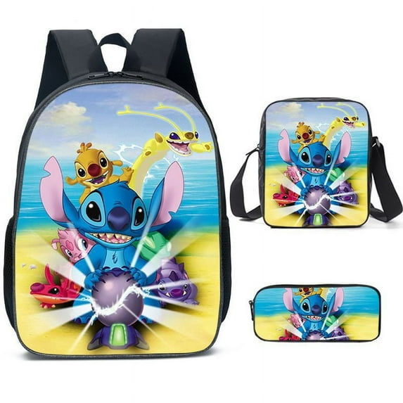 Stitch Cartoon Anime 3 Piece Backpack Lunch Bag & Pencil Case Set Simple Modern Backpack Pink Colorful Pattern Backpack