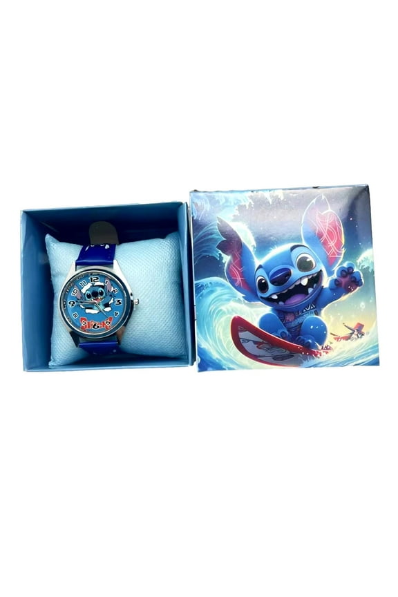 Stitch Cartoon Character Blue PU Leather Wrist Watch Boxed