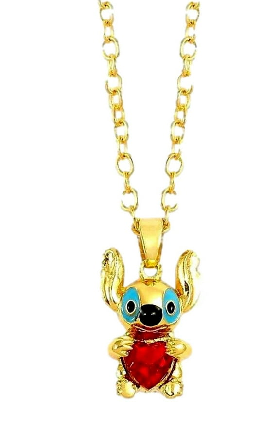 Stitch Cartoon Character Holding Red Heart .75 Inch Tall Pendant Necklace
