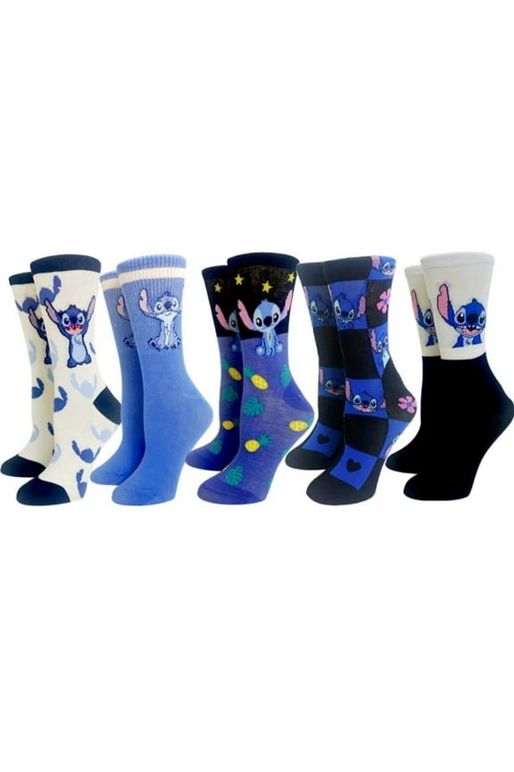 Stitch Cartoon Character Set of 5 Adult Size Crew Socks