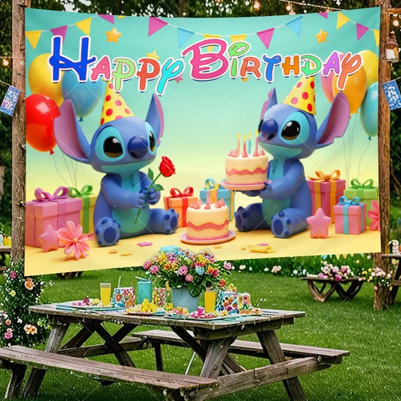 Stitch Cartoon theme Happy birthday flag background flag family party decoration items Photography photo props 210*150CM