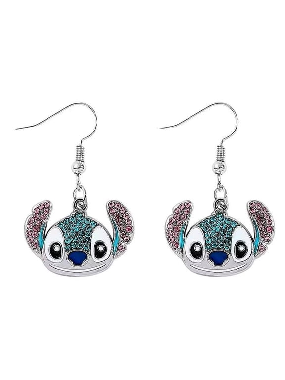 Stitch Character Face Metal French Wire Earrings with Faux Rhinestone Finish