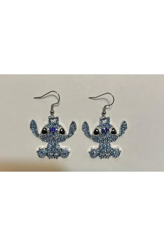 Stitch Character Figure Metal French Wire Earrings with Faux Rhinestone Finish