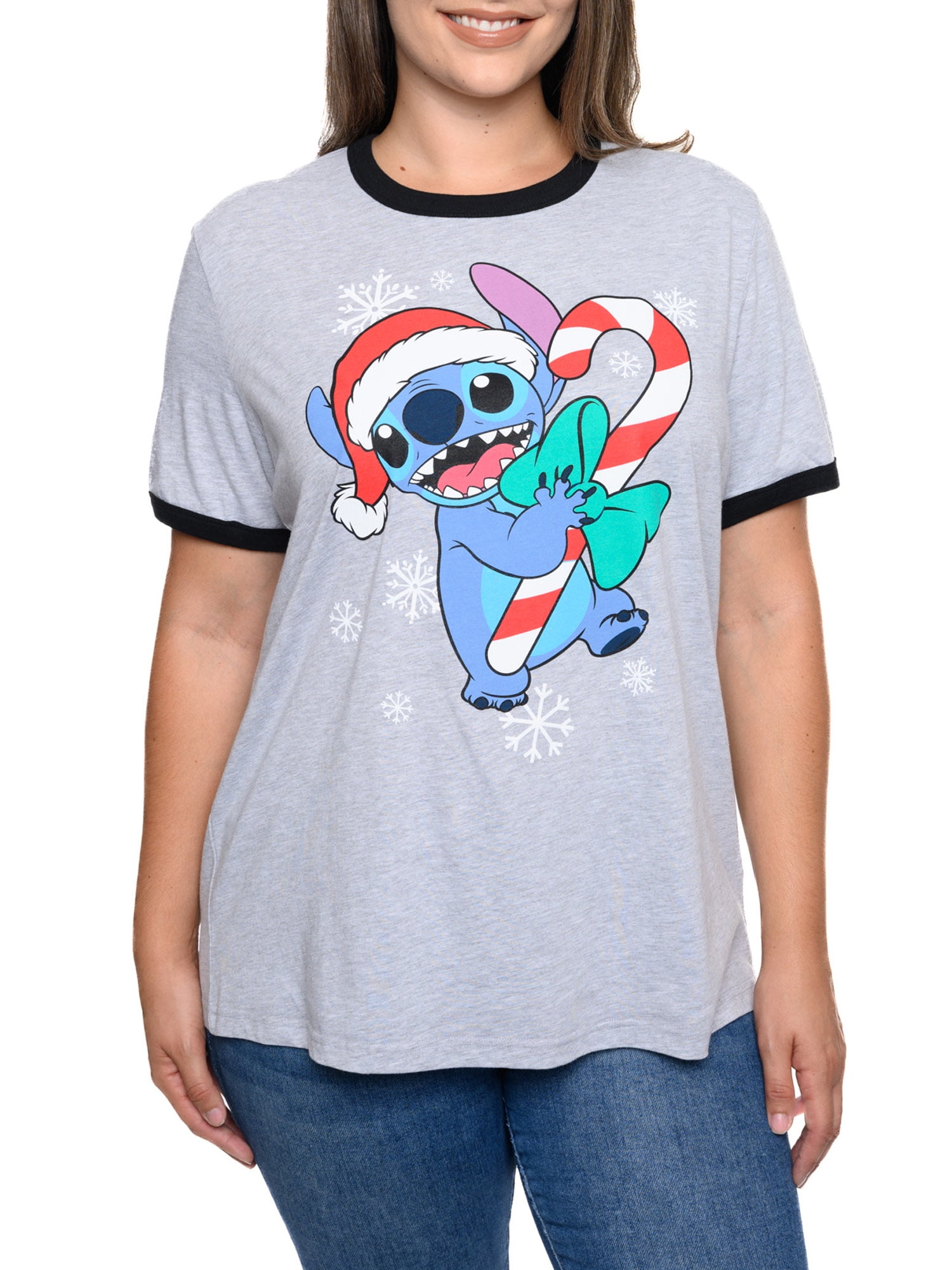 Stitch Christmas T-Shirt Holiday Ringer Women's Plus Size Disney Gray