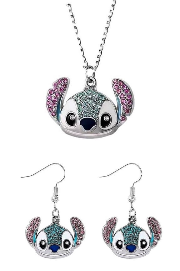 Stitch Face Rhinestone Necklace and Matching Earrings Set