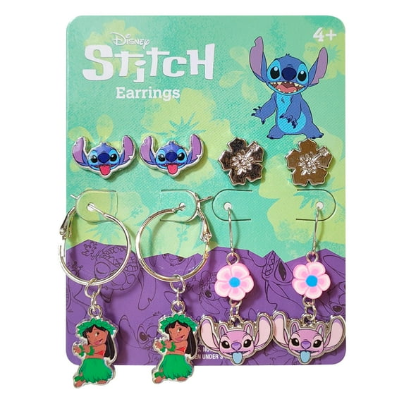 Stitch Gifts 4 Hypoallergenic Earrings for Girls 2 Stud Earrings 2 Fishhook Drop Fun Earring Sets with Charms - One Size Fits All Stitch And Angel Jewelry Stitch Gifts For girls Ages Kids Earrings 4+