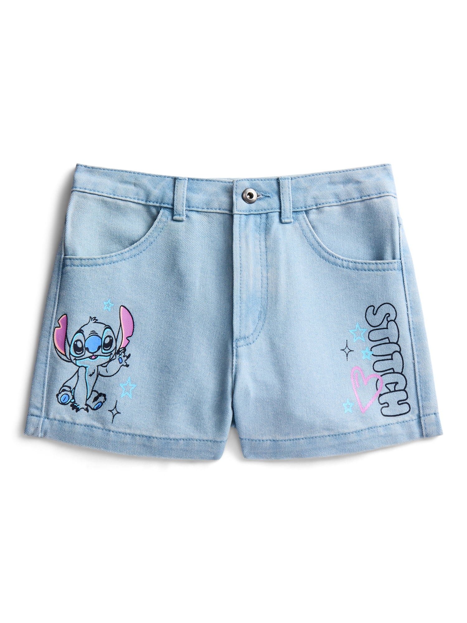 Stitch Girls Graphic Print Denim Shorts, Sizes 4-16