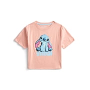 Stitch Girls Embellished Graphic Tee with Short Sleeves, Sizes 4-16