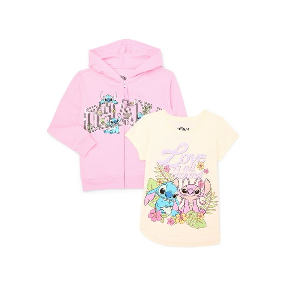 Stitch Girls Embroidered Zip Hoodie and Graphic Tee Set, 2-Piece, Sizes 4-20