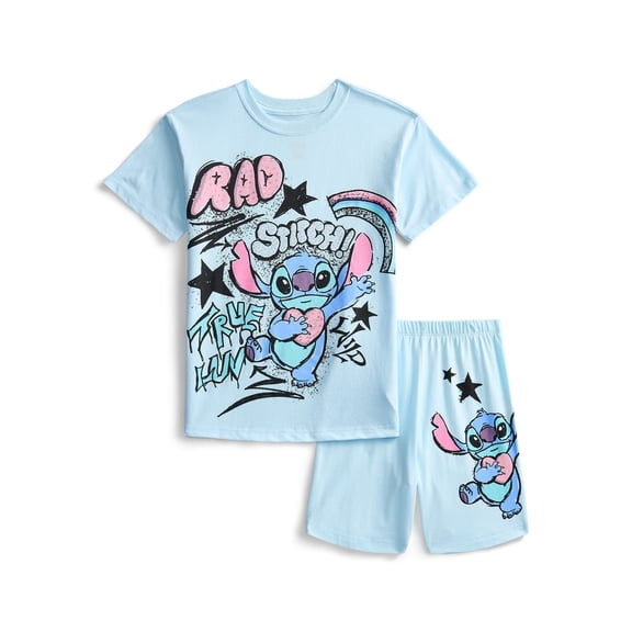 Stitch Girls Rhinestones Graffiti Graphic Boyfriend Tee with Rhinestones and Bike Shorts Set, 2-Piece, Sizes 4-16