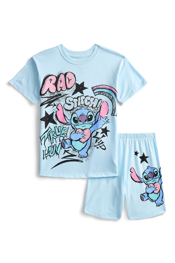 Stitch Girls Rhinestones Graffiti Graphic Boyfriend Tee with Rhinestones and Bike Shorts Set, 2-Piece, Sizes 4-16