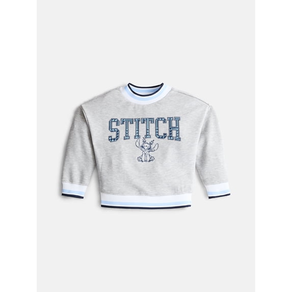 Stitch Girls Long Sleeve Graphic Varsity Crewneck Pullover, Sizes 4-12