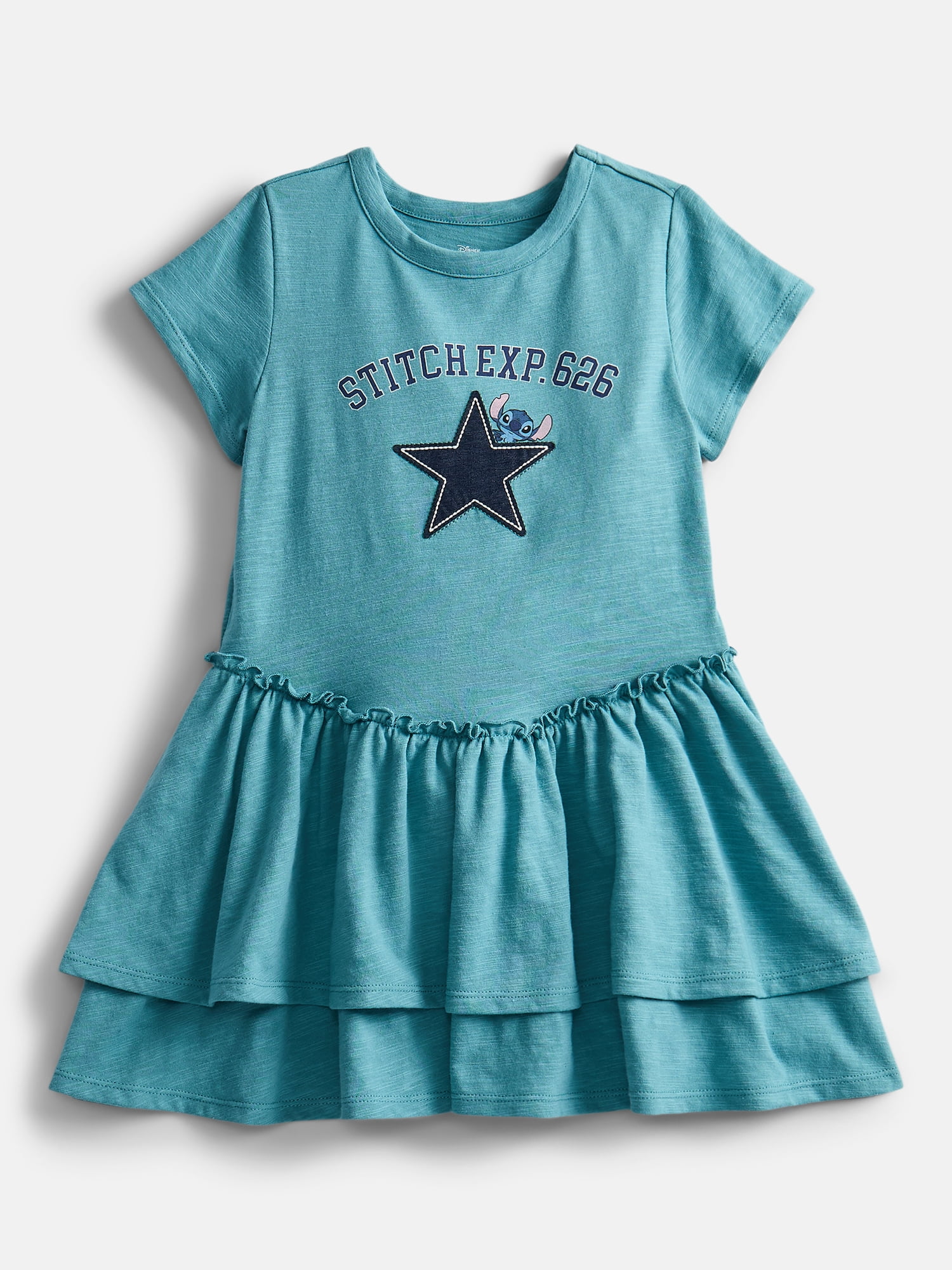 Disney Stitch Girls Tiered Dress with Embroidered Applique and Short Sleeves, Sizes 4-12