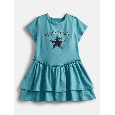 Stitch Disney Stitch Girls Tiered Dress with Embroidered Applique and Short Sleeves, Sizes 4-12