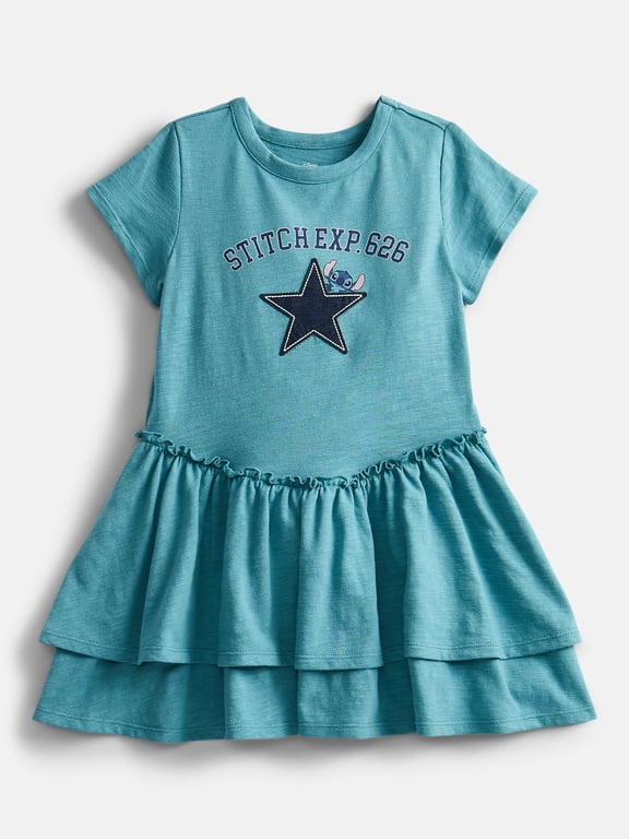 Disney Stitch Girls Tiered Dress with Embroidered Applique and Short Sleeves, Sizes 4-12