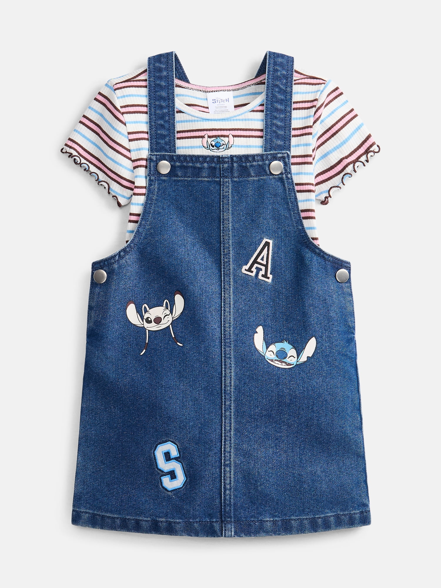 Stitch Girls Graphic Ribbed Tee and Denim Jumper Dress Set, 2 Piece, Sizes 4-12