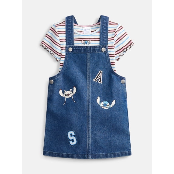 Stitch Girls Graphic Ribbed Tee and Denim Jumper Dress Set, 2 Piece, Sizes 4-12