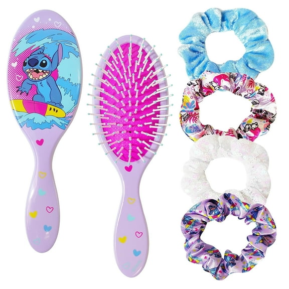 Stitch Hair Brush and 4 Scrunchies Set for Girls - Detangling Brush and Elastic Hair Ties for Ages 3 