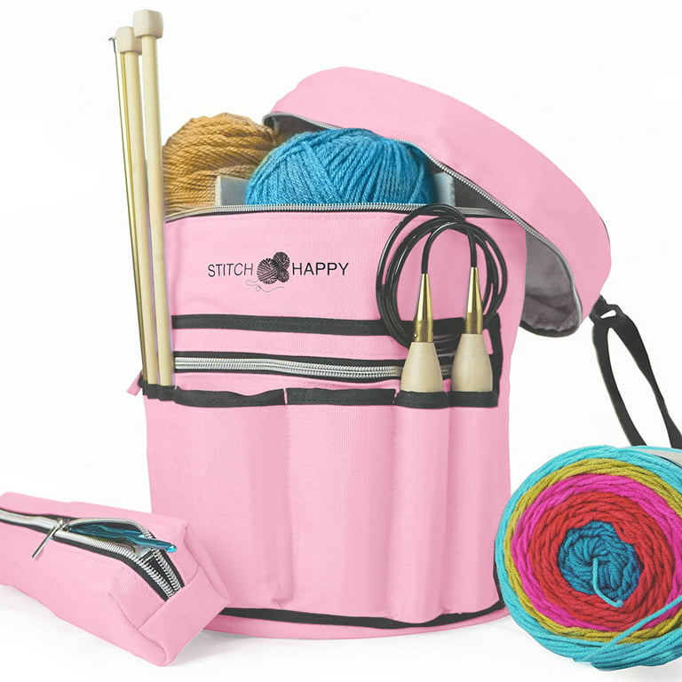 Stitch Happy Knitting Bag (Pink): 7 Pocket Yarn Bag, Crochet Bag