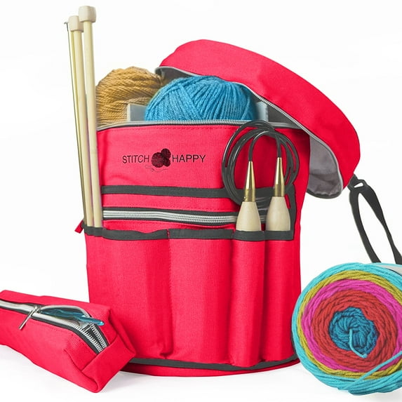 Stitch Happy Knitting Bag (Red): 7 Pocket Yarn Bag, Crochet Bag, Yarn Storage, or Crochet Storage