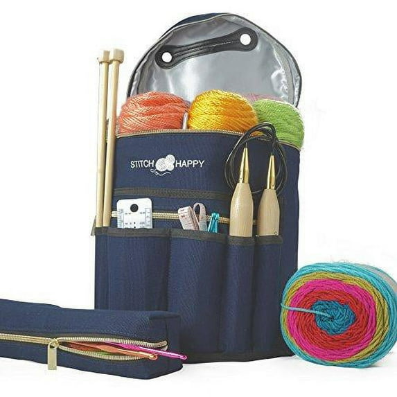 Stitch Happy XL Knitting Bag (Navy) 7 Pocket Yarn Bag, Crochet Bag, Yarn Storage, Crochet Storage