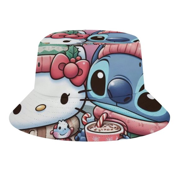 Stitch & Hello Kitty Bucket Hat for Women Men Teens, Adjustable Travel Summer Beach Fisherman Cap,Unisex Fishing Outdoor Boonie