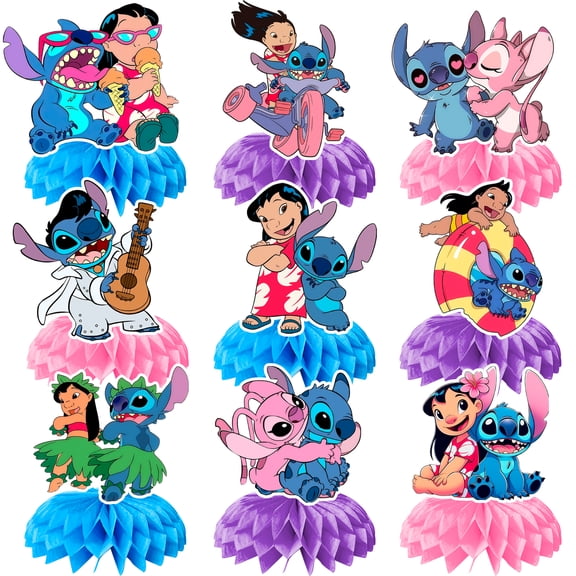9Pcs Stitch Honeycomb Centerpieces for Birthday,Stitch Centerpieces for Tables 3D Double Side Stitch Honeycomb Style Centerpiece for Kids Stitch Themed Party Decorations