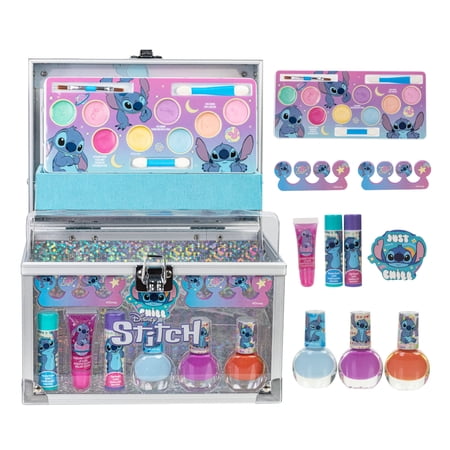 Disney Stitch Kids Makeup Kit for Girls, Includes Lip Gloss, Nail Polish and more with Train Case Beauty Set, Perfect for Birthday Gift, Party Favor, for Girls Ages 3+ by Townley Girl