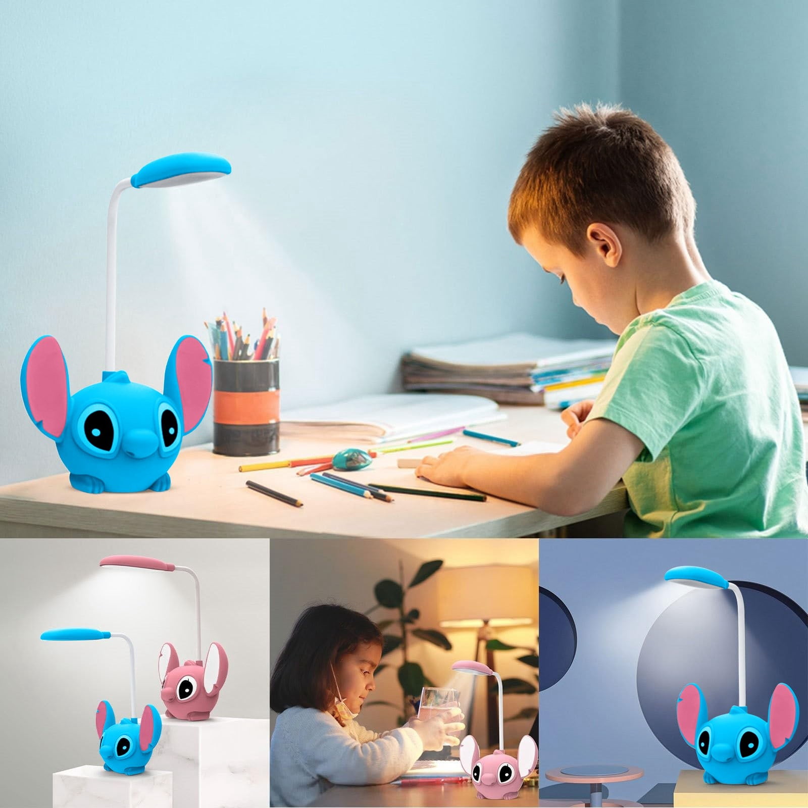 Stitch LED Desk Lamp With Pencil Tail, Stitch Children's Lamp, Study Lamp With Pencil Tail, Ambient Night Light, Stitch Rechargeable LED Reading Lamp Blue