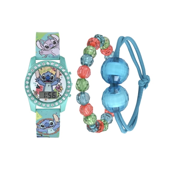Disney Lilo & Stitch Turquoise Printed Silicone Strap Watch with Matching Turquoise Metallic Case and Beaded Braeletes; LAS40052WM