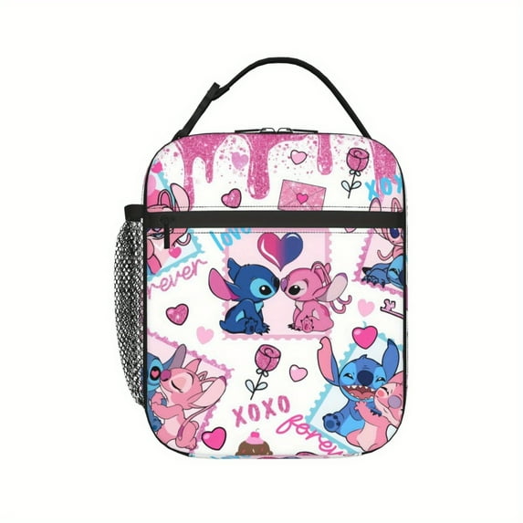 Stitch & Lilo Lunch Bag - Reusable Insulated Tote with Black Handles, Pink & White Design, Thermal Preservation for Office, Work, Picnic, Camping - Non-Food Contact, Lunch Bag Insulated