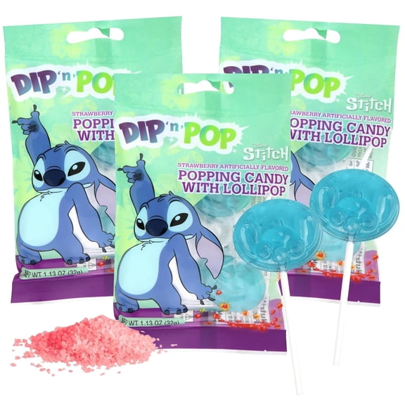 Stitch Lollipops with Strawberry Popping Candy, Individually Wrapped, Easter Basket Stuffers, 1.13 Ounces Each, Pack of 3