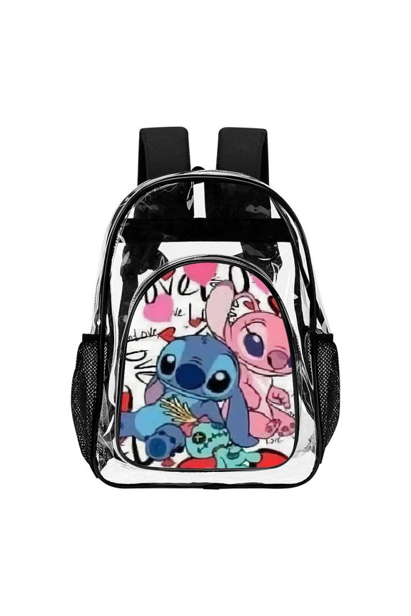 Stitch Love58 Clear Backpack Transparent Heavy Duty Bookbag Large PVC Laptop Bag Adjustable Shoulder Straps with Mesh Side Pockets for College Work Travel Stadium Concert