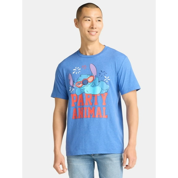 Lilo & Stitch, Men's & Big Men's Graphic T-Shirt, Patriotic Americana July 4th Party Animal, Sizes XS-5XL