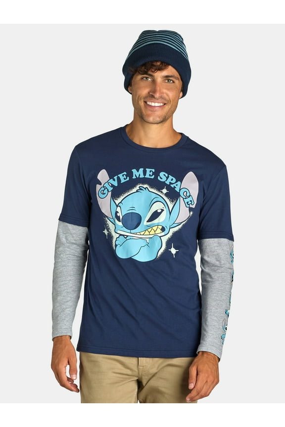 Stitch, Men's & Big Men's Long Sleeve Graphic Tee Shirt and Beanie Hat Set, Sizes XS-3XL