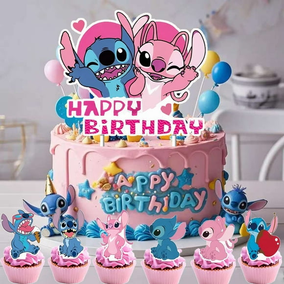 Stitch Party Decorations Cartoon Stitch Cake Decorations 1 PCS Cake Topper 24 PCS Cupcake Toppers for Girls Boys Stitch Birthday Party Supplies